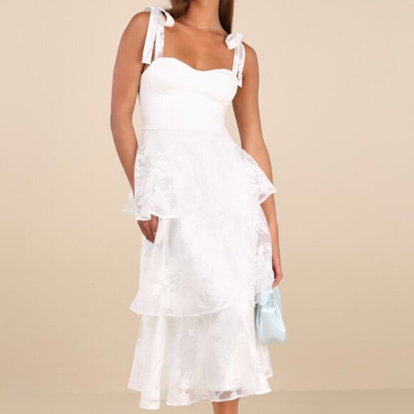 Lulus Drayson White Floral Burnout Tie-strap Tiered Midi Dress - Size L - Picture 1 of 3